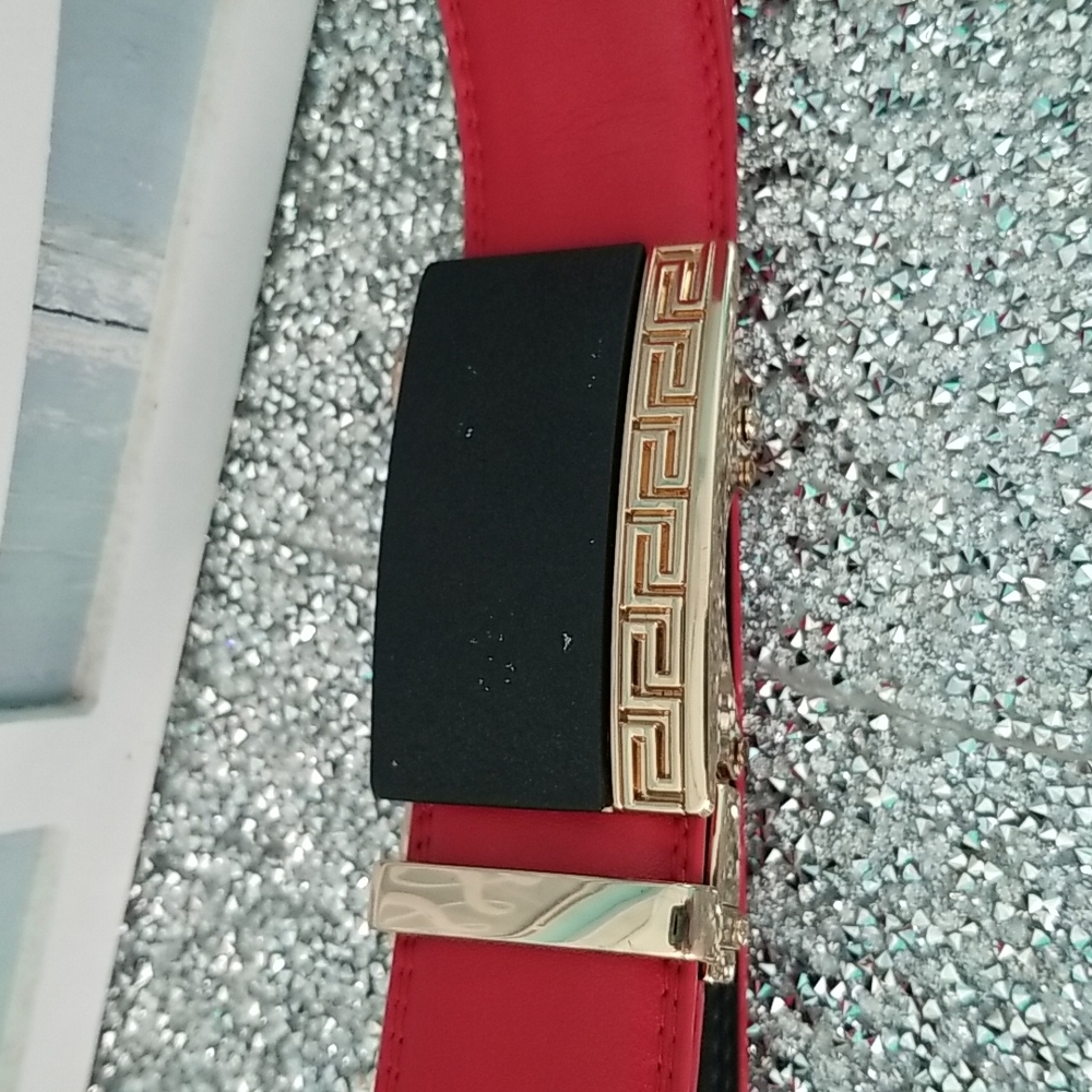 Unisex red leather ratchet belt 38"